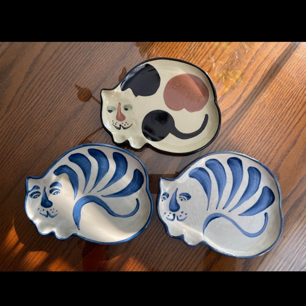 Set of 3 Art Pottery Cat Plates, Signed